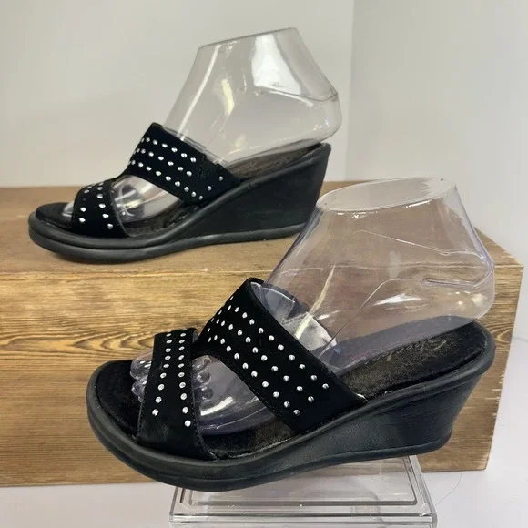 Skechers Black Studded Wedge Slide Sandals Womens 9 Memory Foam Whimsigoth Y2K - Picture 3 of 10